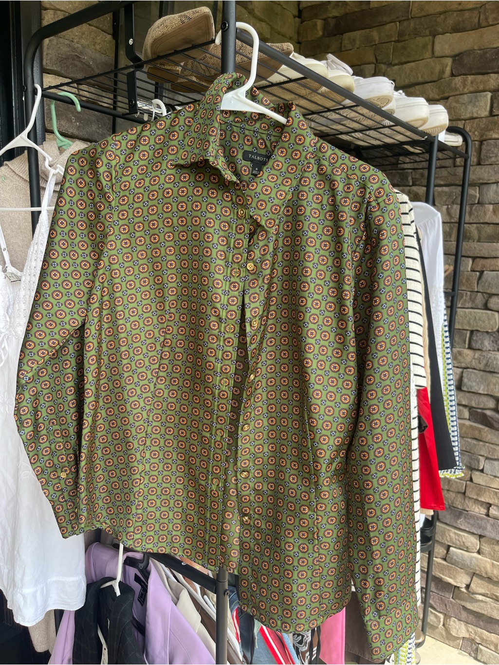 Talbots Olive Green Geometric Print Button-Up Shirt